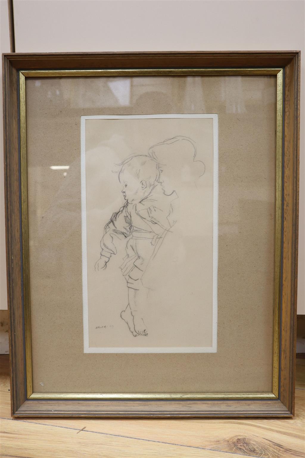 Albert R., pencil on paper, Study of a Japanese mother and child, signed and dated 09, 32 x 17.5cm